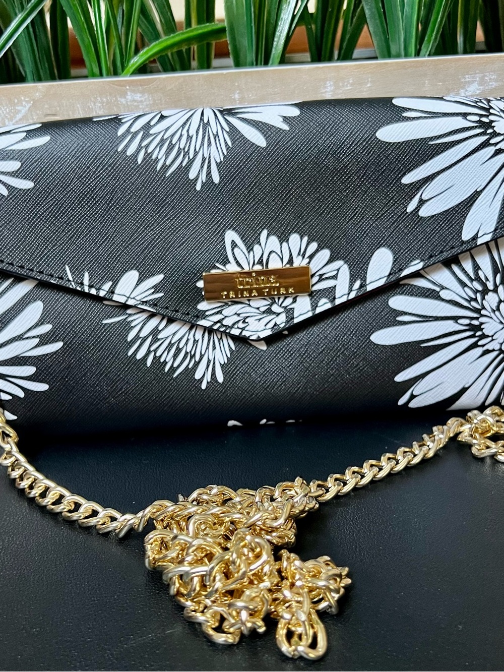 TRINA TURK Black & White Floral Crossbody Wallet Clutch Bag